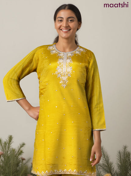 Art Silk Festive wear salwar suit yellow with sequin & beaded work neck pattern and palazzo pant & chiffon dupatta