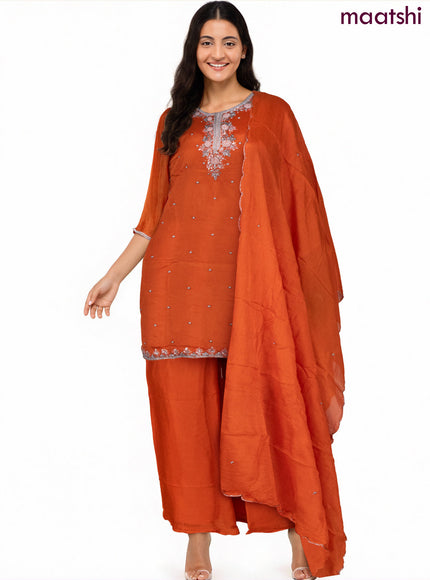 Art Silk Festive wear salwar suit orange with sequin & beaded work neck pattern and palazzo pant & chiffon dupatta