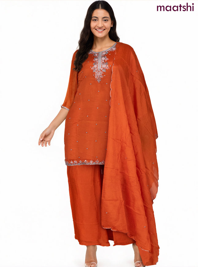 Art Silk Festive wear salwar suit orange with sequin & beaded work neck pattern and palazzo pant & chiffon dupatta