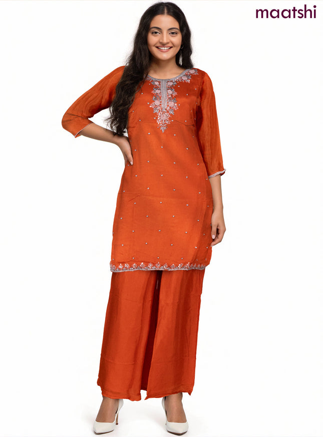 Art Silk Festive wear salwar suit orange with sequin & beaded work neck pattern and palazzo pant & chiffon dupatta