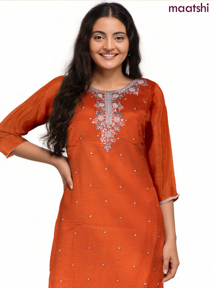 Art Silk Festive wear salwar suit orange with sequin & beaded work neck pattern and palazzo pant & chiffon dupatta