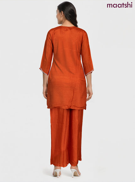 Art Silk Festive wear salwar suit orange with sequin & beaded work neck pattern and palazzo pant & chiffon dupatta
