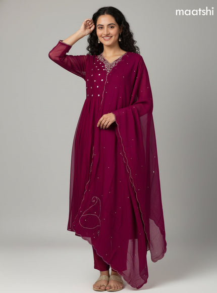 Dark Magenta Mul Chanderi Embroidery Work Anarkali Suit