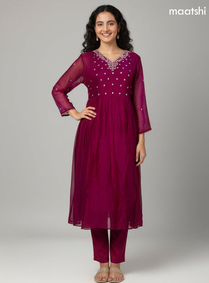 Dark Magenta Mul Chanderi Embroidery Work Anarkali Suit