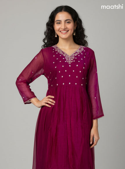 Dark Magenta Mul Chanderi Embroidery Work Anarkali Suit