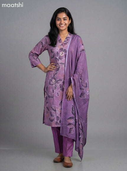 Purple Shade Art Silk Floral Printed Straight Suit