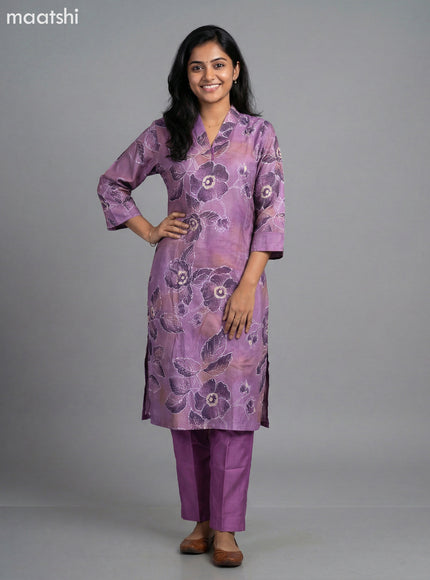 Purple Shade Art Silk Floral Printed Straight Suit