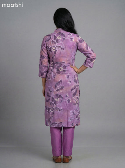 Purple Shade Art Silk Floral Printed Straight Suit