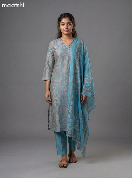 Teal Shade Art Silk Printed & Embroidery Work Straight Suit