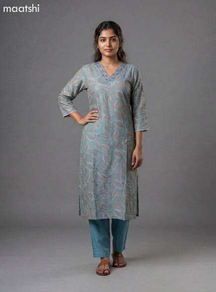 Teal Shade Art Silk Printed & Embroidery Work Straight Suit