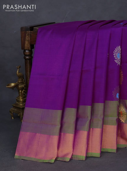 Pure uppada silk saree purple and parrot green with silver & gold zari woven buttas and zari woven border
