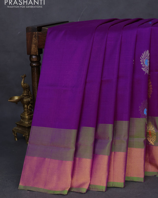 Pure uppada silk saree purple and parrot green with silver & gold zari woven buttas and zari woven border