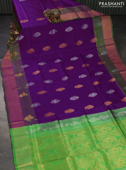 Pure uppada silk saree purple and parrot green with silver & gold zari woven buttas and zari woven border