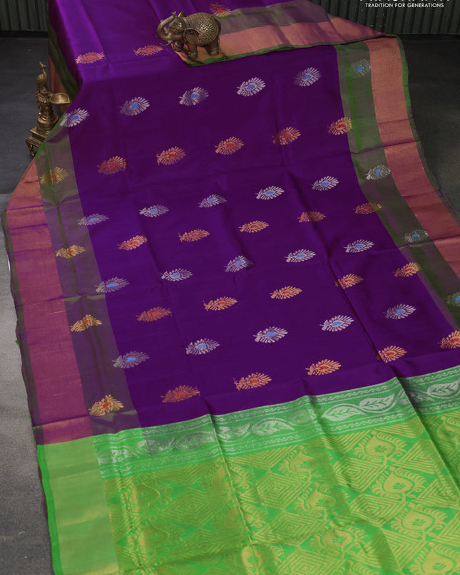 Pure uppada silk saree purple and parrot green with silver & gold zari woven buttas and zari woven border