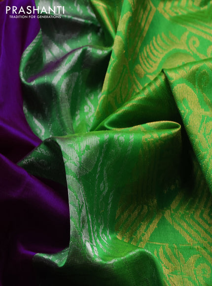 Pure uppada silk saree purple and parrot green with silver & gold zari woven buttas and zari woven border