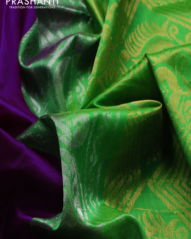 Pure uppada silk saree purple and parrot green with silver & gold zari woven buttas and zari woven border
