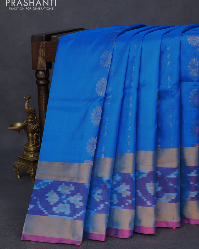 Pure uppada silk saree cs blue and pink with silver & gold zari weaves and zari woven ikat style border