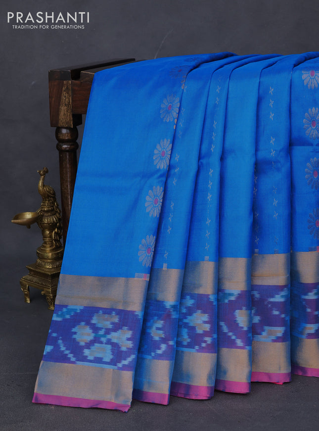 Pure uppada silk saree cs blue and pink with silver & gold zari weaves and zari woven ikat style border