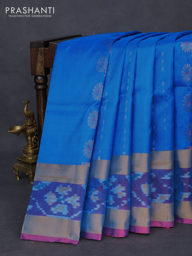 Pure uppada silk saree cs blue and pink with silver & gold zari weaves and zari woven ikat style border