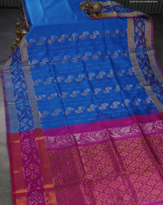 Pure uppada silk saree cs blue and pink with silver & gold zari weaves and zari woven ikat style border