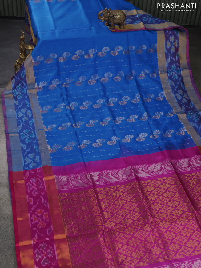 Pure uppada silk saree cs blue and pink with silver & gold zari weaves and zari woven ikat style border