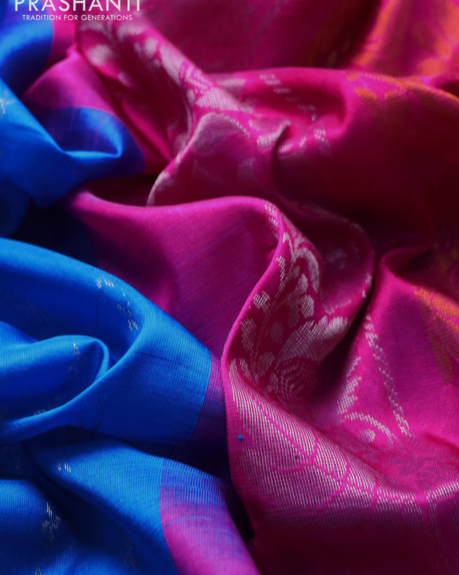 Pure uppada silk saree cs blue and pink with silver & gold zari weaves and zari woven ikat style border