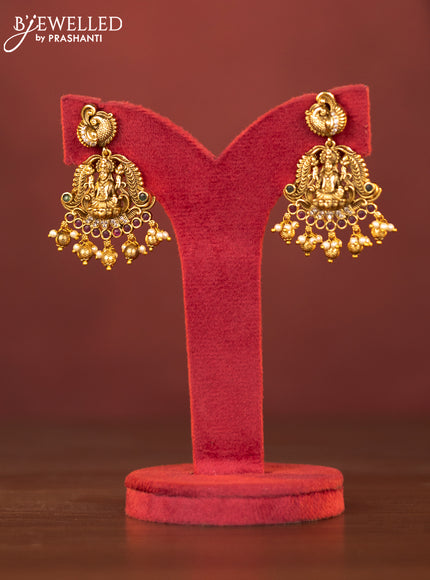 Antique necklace lakshmi design with kemp & cz stones and pearl & golden beads hangings