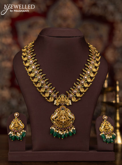Antique necklace lakshmi & manga design with kemp & cz stones and pearl & green beads hangings