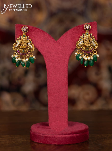 Antique necklace lakshmi & manga design with kemp & cz stones and pearl & green beads hangings