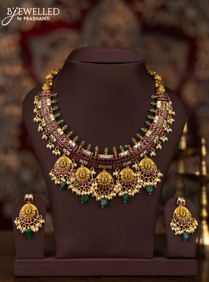 Antique necklace peacock design with kemp & cz stones and pearl & green beads hangings