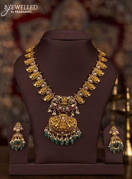 Antique necklace lakshmi & manga design with kemp & cz stones and pearl & green beads hangings