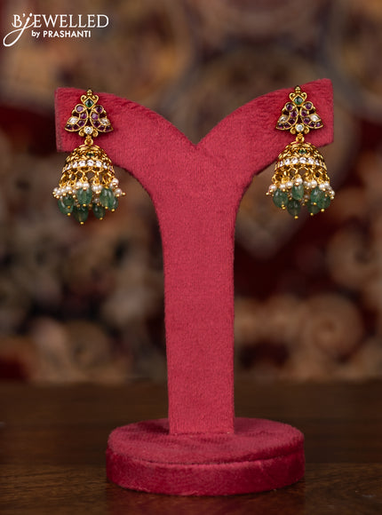 Antique necklace lakshmi & manga design with kemp & cz stones and pearl & green beads hangings