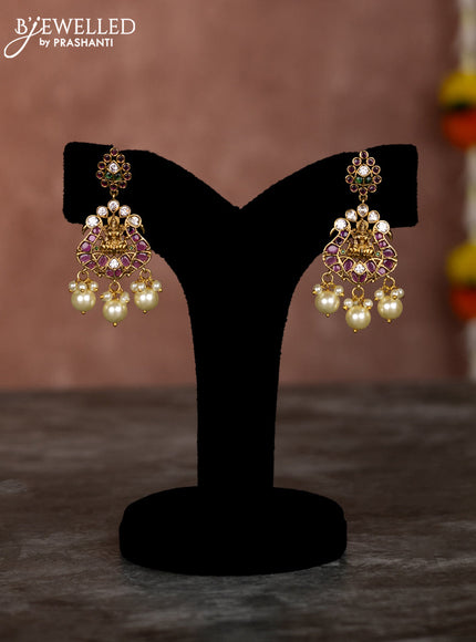Beaded multilayer maroon necklace lakshmi pendant with kemp & cz stones and pearl hangings