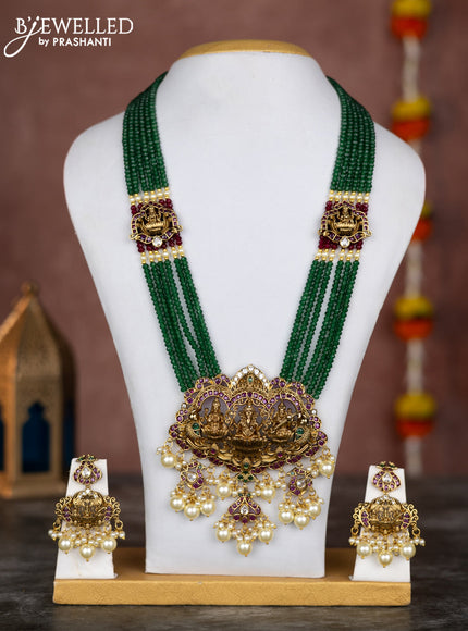 Beaded multilayer green necklace sidhi pudhi ganesha pendant with kemp & cz stones and pearl hangings in victorian finish