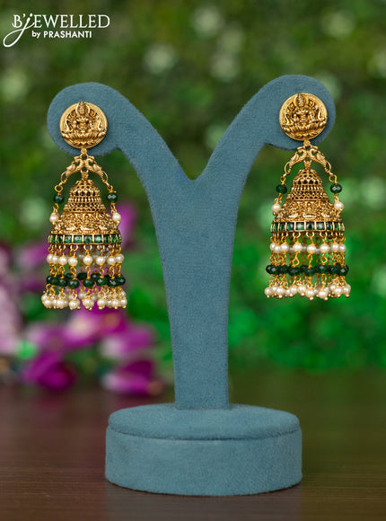 Antique jhumkas lakshmi design with emerald stones and pearl & green beads hangings