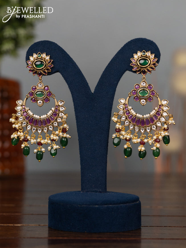 Antique earrings chandbali design with kemp & cz stones and pearl & green beads hangings