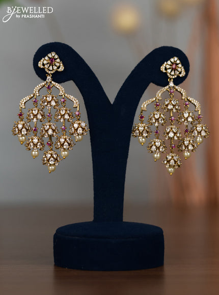 Antique earrings with ruby & cz stones and pearl hangings