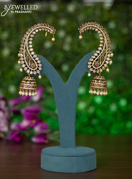Antique earcuff jhumkas with kemp & cz stones and pearl hangings