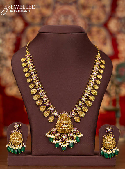 Antique necklace lakshmi design with kemp & cz stones and pearl & green beads hangings