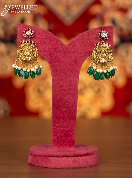 Antique necklace lakshmi design with kemp & cz stones and pearl & green beads hangings