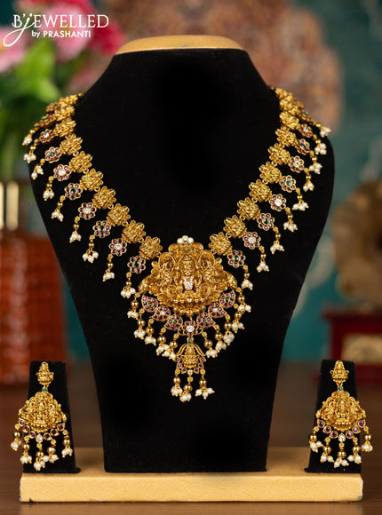 Antique guttapusalu necklace lakshmi design with kemp & cz stones and pearl & golden beads hangings