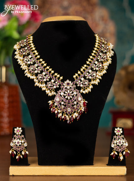Antique guttapusalu necklace with maroon & kundan stones and pearl & maroon beads hangings