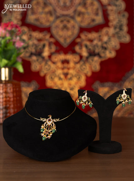 Antique ring type choker peacock pendant with kemp & cz stones and mint green beads hangings