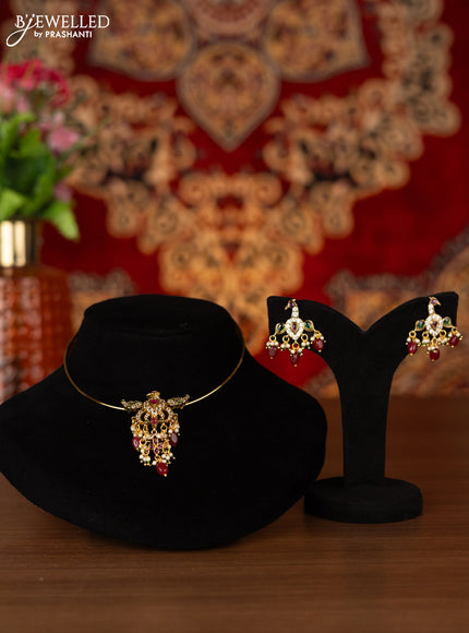Antique ring type choker peacock pendant with kemp & cz stones and pink beads hangings