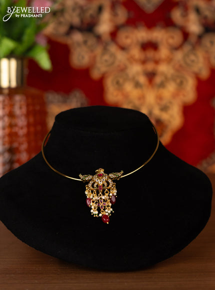 Antique ring type choker peacock pendant with kemp & cz stones and pink beads hangings