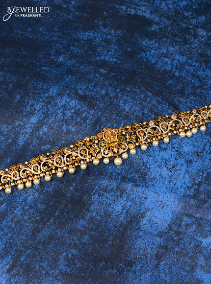 Antique hip belt lakshmi design with kemp & cz stones and pearl hangings