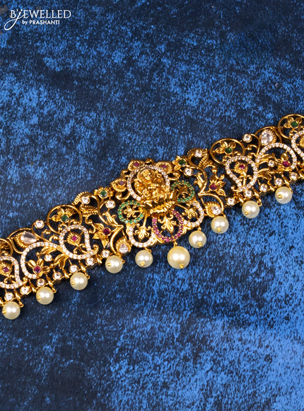 Antique hip belt lakshmi design with kemp & cz stones and pearl hangings