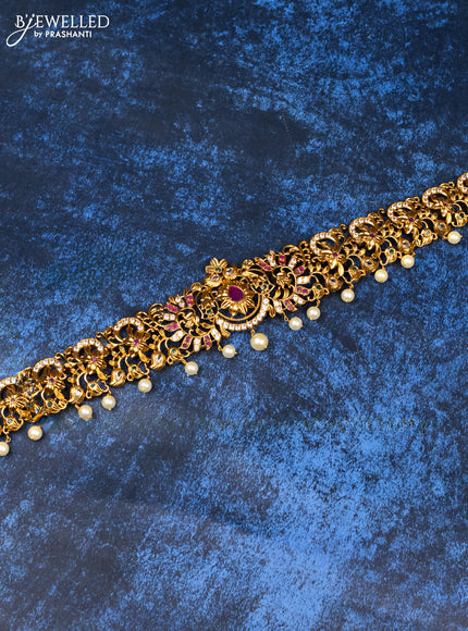 Antique hip belt floral design with kemp & cz stones and pearl hangings