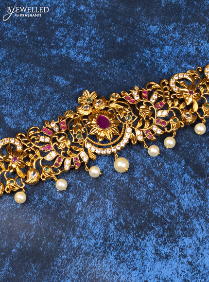 Antique hip belt floral design with kemp & cz stones and pearl hangings