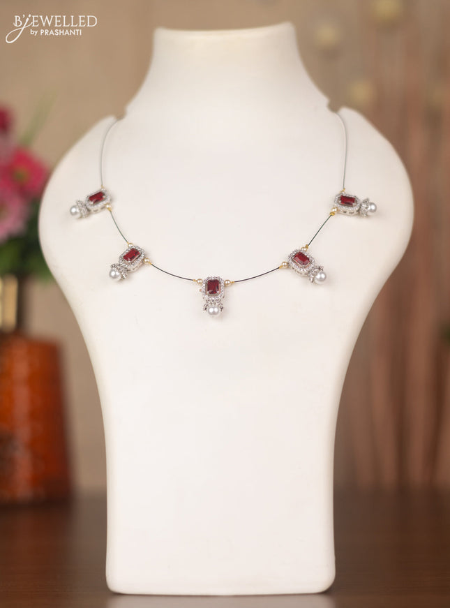 Invisible chain with maroon & cz stones and pearls in silver finish